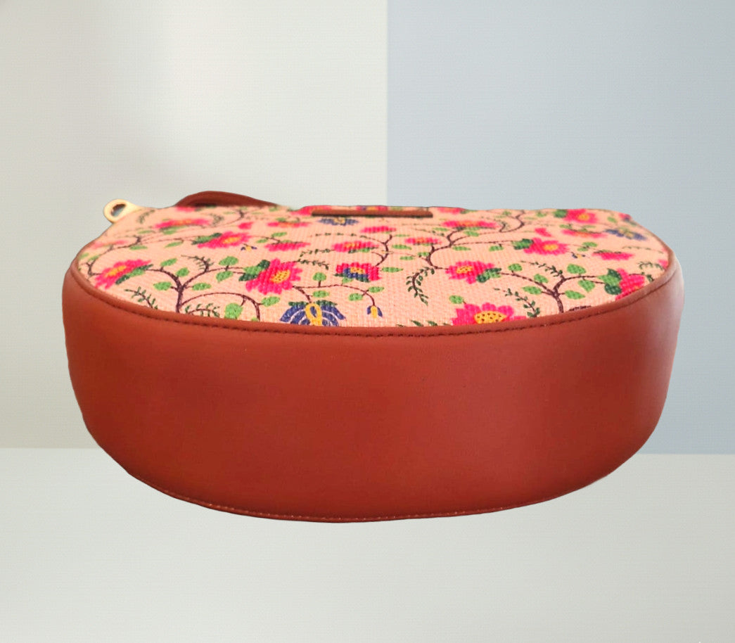 Style and Culture Handcrafted Pink Floral Crescent Sling Bag