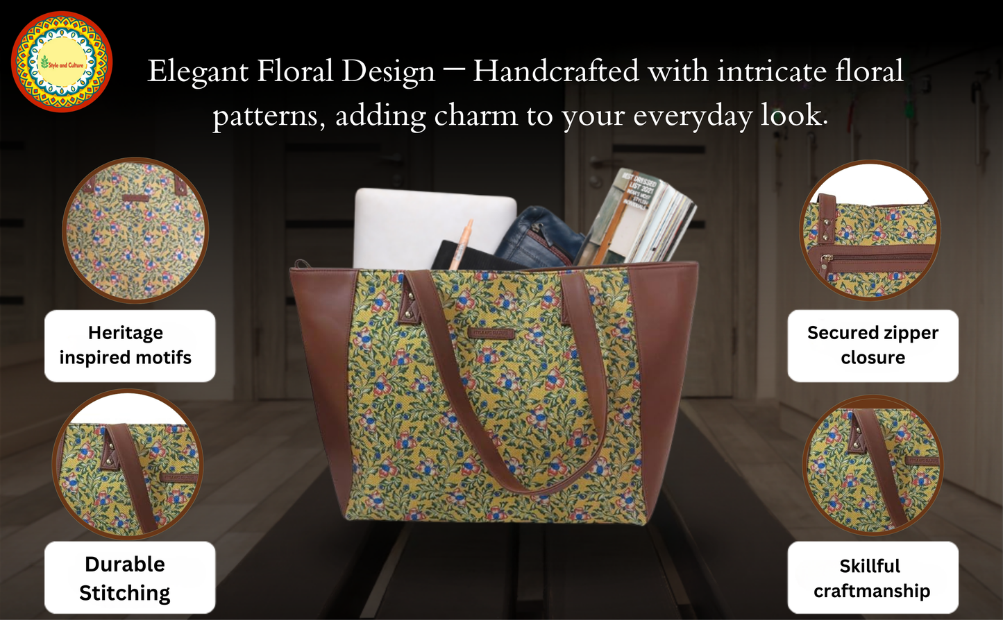Style and Culture Handcrafted Mariglod Heritage Ceremics floral design Vegan Tote Bag