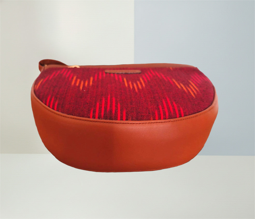 Style and Culture Handcrafted Red Ikat Crescent Vegan Sling Bag Inspired By Indian Textiles