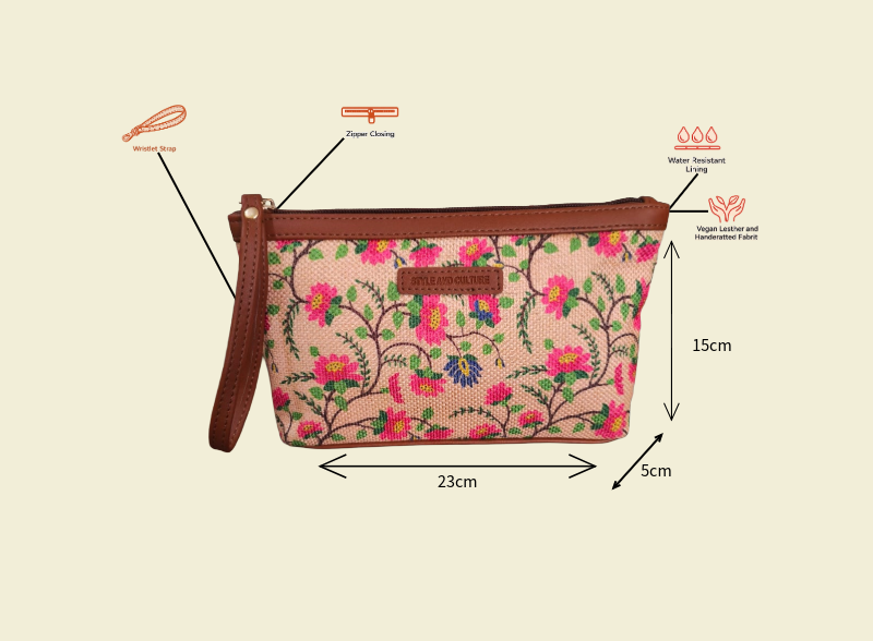 Style and Culture Peach Floral Vegan Wristlet Pouch