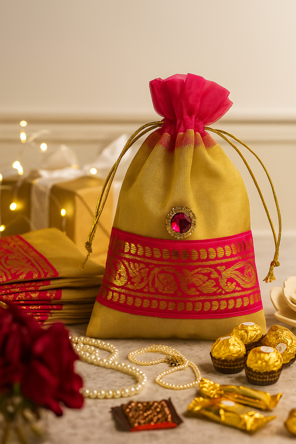 Style and Culture Women's Potli Bags – Wedding Return Gift (Set of 10, Gold) – Elegant Ethnic Design for Festive & Special Occasions