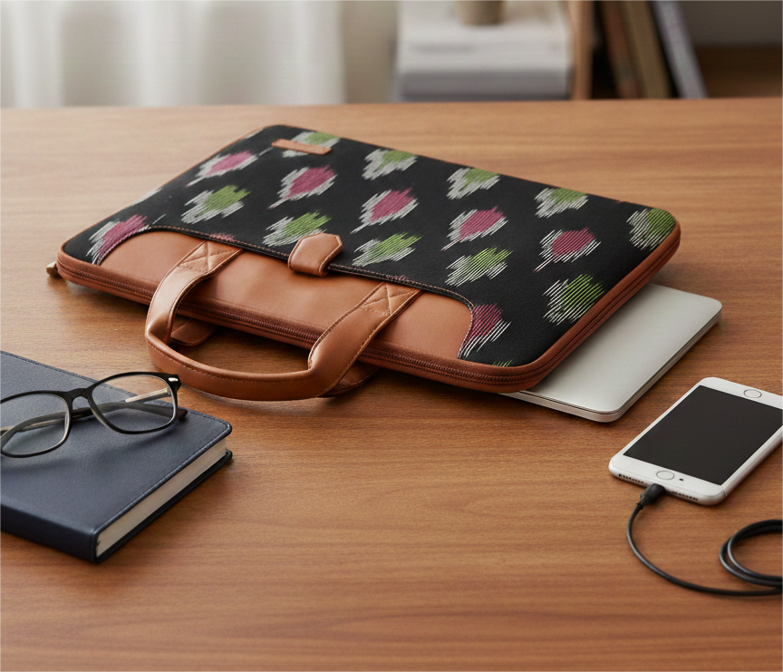 Handcrafted Ikkat Laptop Sleeve with Vegan Leather Handle L Zipper Laptop Sleeve 15.6 inch