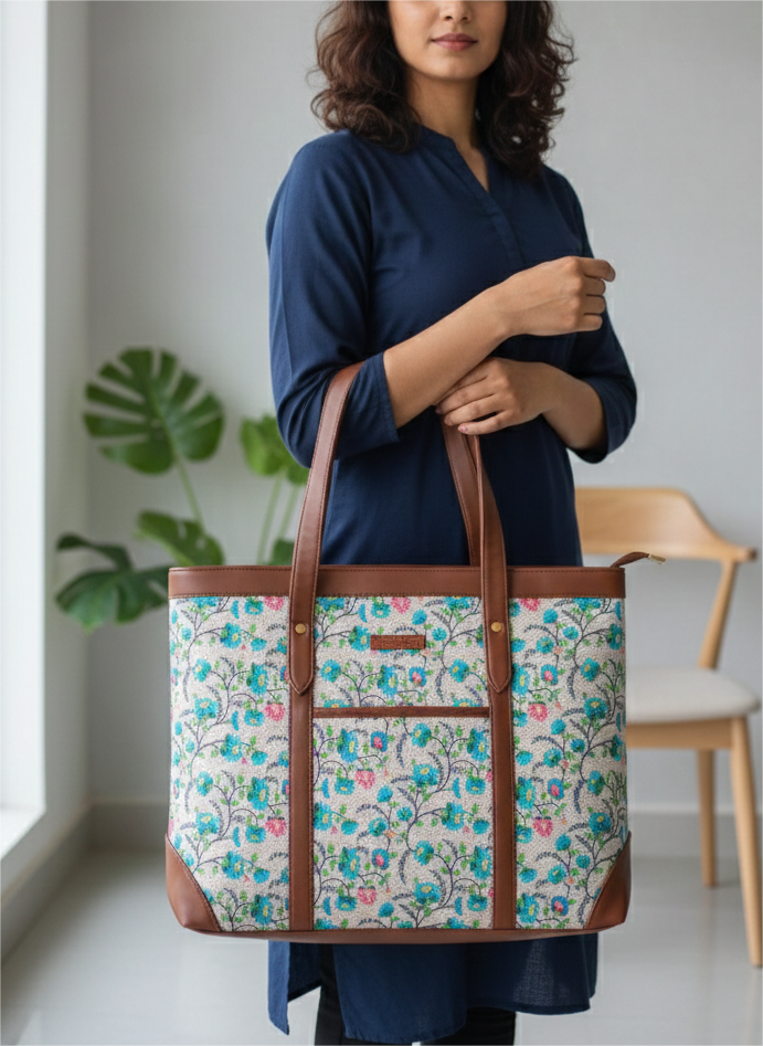 Handcrafted Floral Laptop Tote with Vegan Leather Handles fits upto 14.5 size laptop