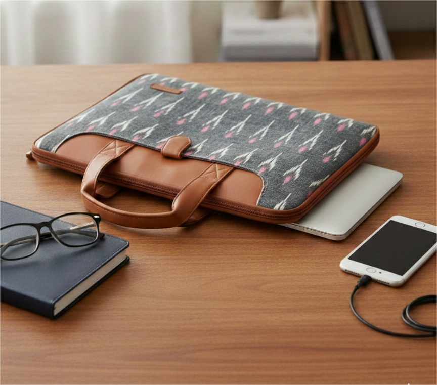 Handcrafted Ikkat Laptop Sleeve with Vegan Leather Handle L Zipper Laptop Sleeve 15.6 inch