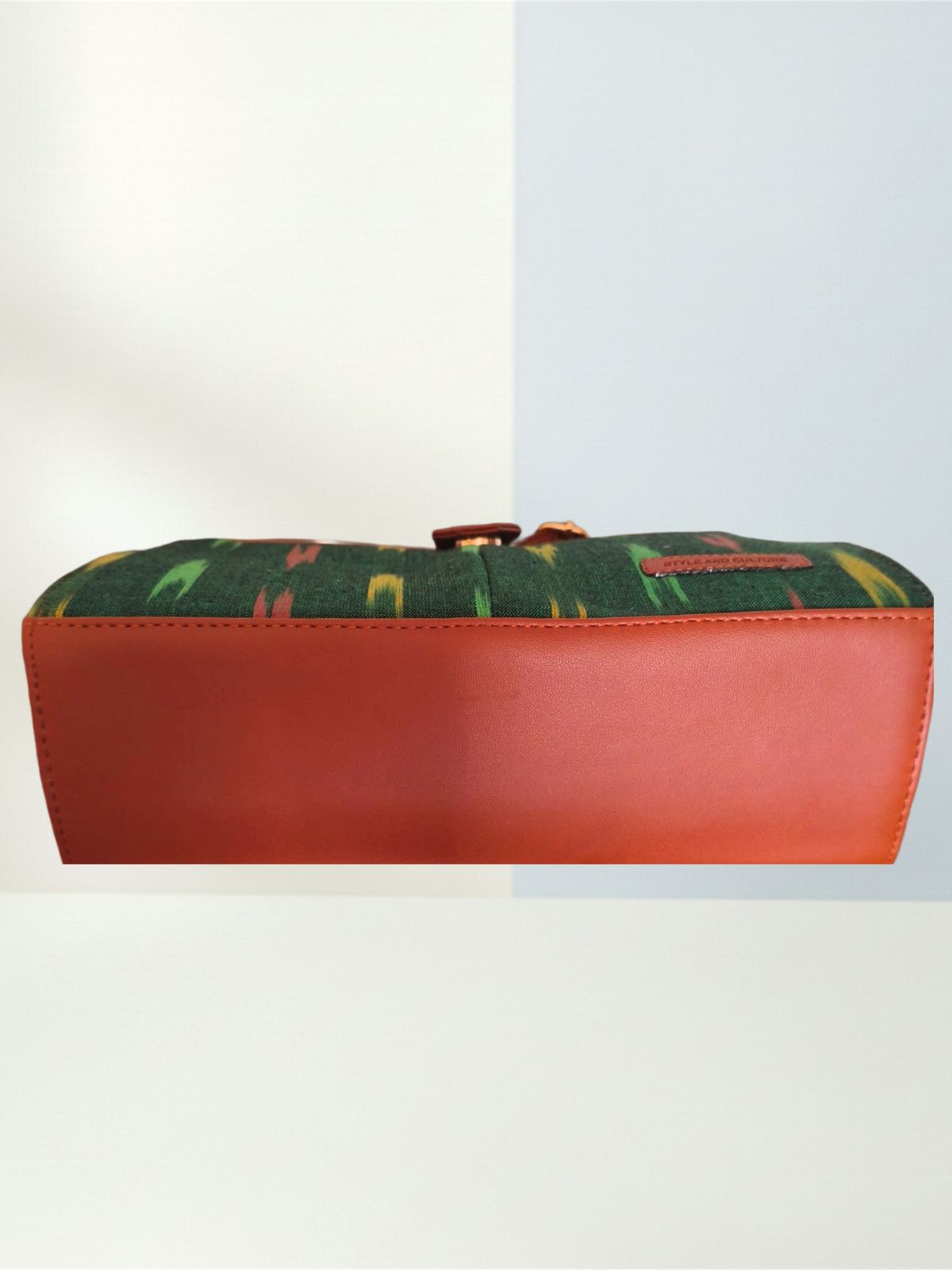 Style and Culture Handcrafted Emerald Ikat & Tan Vegan Leather Crossbody Sling Bag Inspired By Indian Textiles