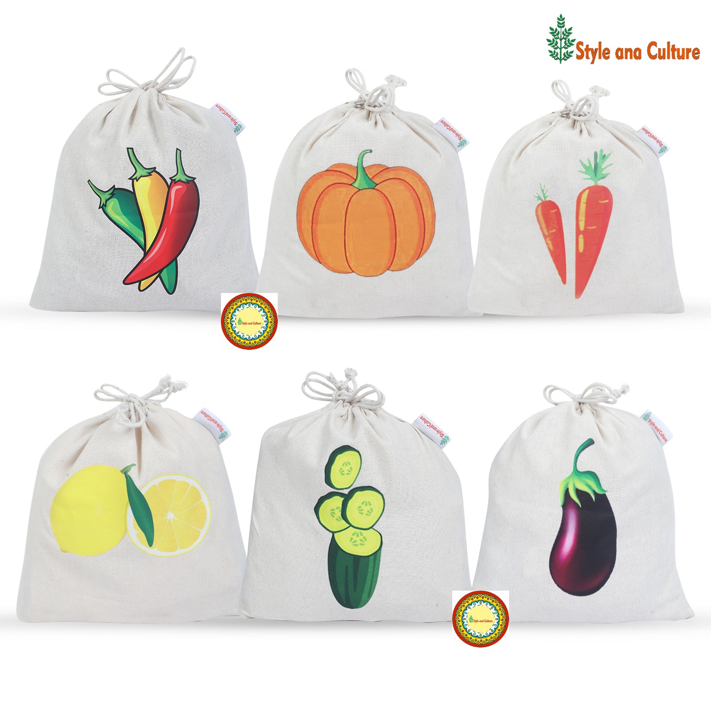 Cotton Reusable drawstring printed bags Pack of 6