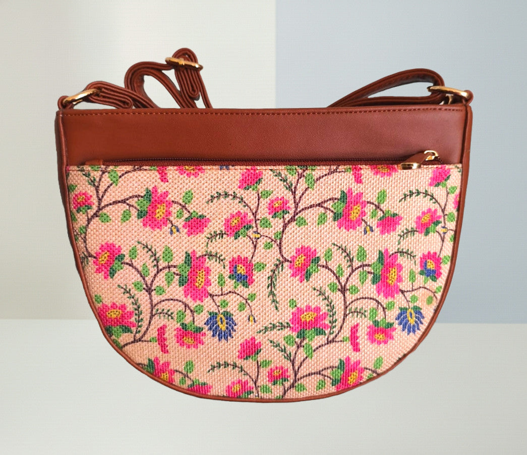 Style and Culture Handcrafted Pink Floral Crescent Sling Bag