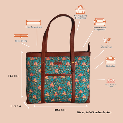 Handcrafted Floral Laptop Tote with Vegan Leather Handles fits upto 14.5 size laptop