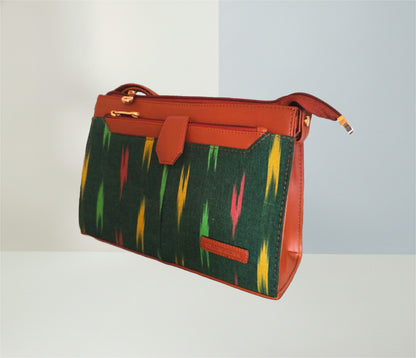 Style and Culture Handcrafted Emerald Ikat & Tan Vegan Leather Crossbody Sling Bag