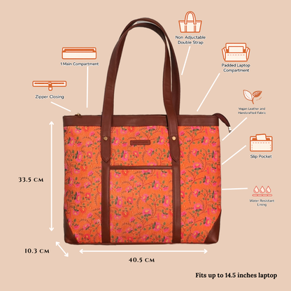 Handcrafted Floral Laptop Tote with Vegan Leather Handles fits upto 14.5 size laptop