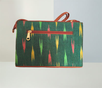 Style and Culture Handcrafted Emerald Ikat & Tan Vegan Leather Crossbody Sling Bag