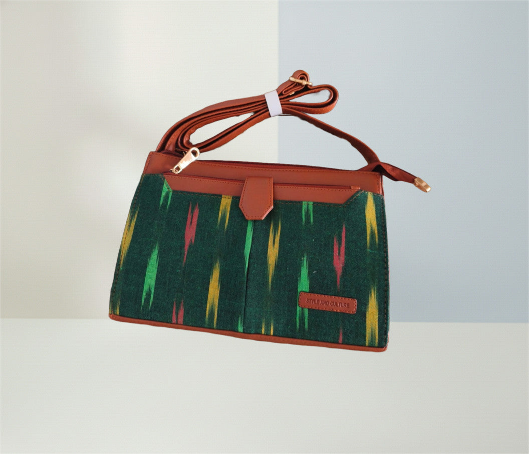 Style and Culture Handcrafted Emerald Ikat & Tan Vegan Leather Crossbody Sling Bag