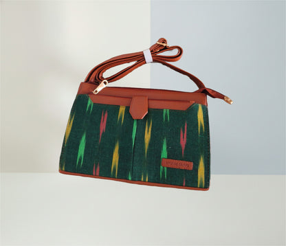 Style and Culture Handcrafted Emerald Ikat & Tan Vegan Leather Crossbody Sling Bag