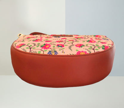 Style and Culture Handcrafted Pink Floral Crescent Sling Bag