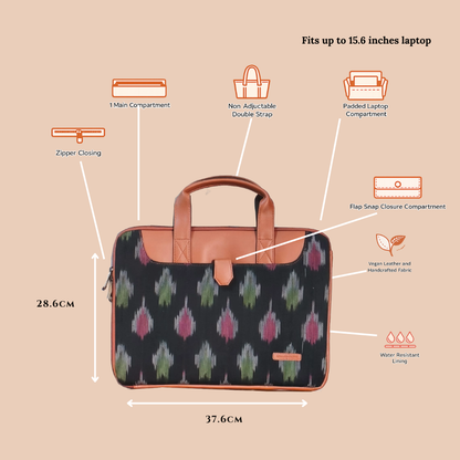 Handcrafted Ikkat Laptop Sleeve with Vegan Leather Handle L Zipper Laptop Sleeve 15.6 inch