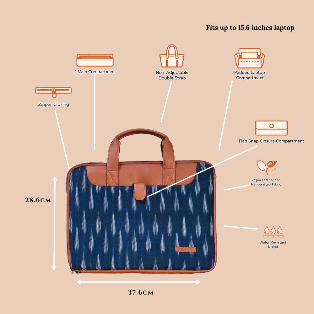 Handcrafted Ikkat Laptop Sleeve with Vegan Leather Handle L Zipper Laptop Sleeve 15.6 inch