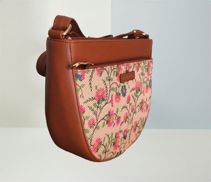 Style and Culture Handcrafted Pink Floral Crescent Sling Bag