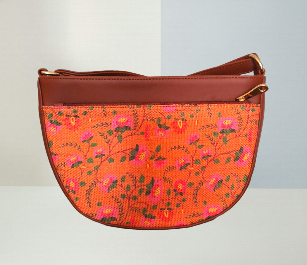 Style and Culture Handcrafted Orange Floral Crescent Sling Bag