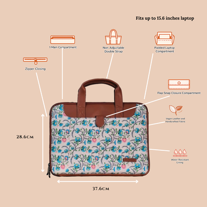 Handcrafted Floral Paithani inspired print Vegan Leather L Zipper Laptop Sleeve 15.6 inch