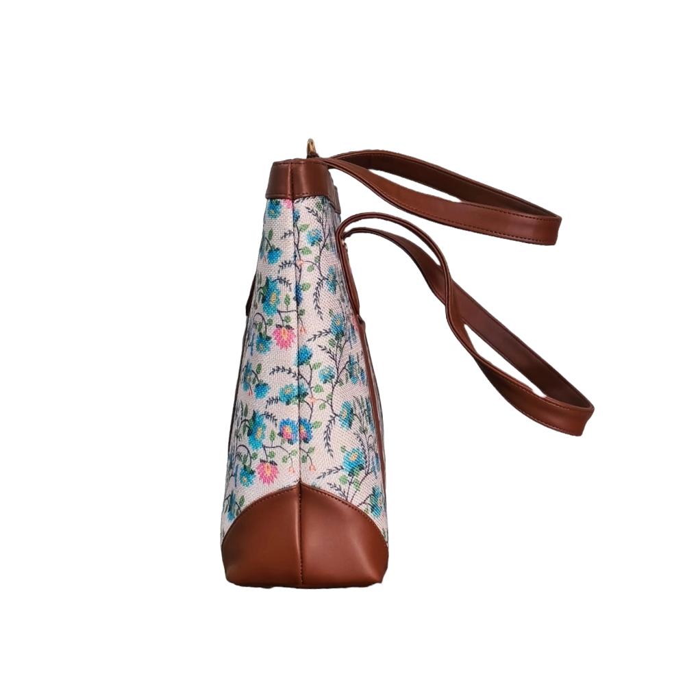 Handcrafted Floral Laptop Tote with Vegan Leather Handles fits upto 14.5 size laptop