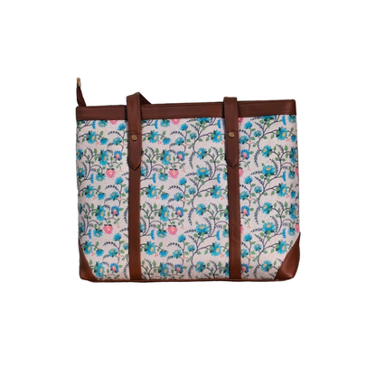 Handcrafted Floral Laptop Tote with Vegan Leather Handles fits upto 14.5 size laptop