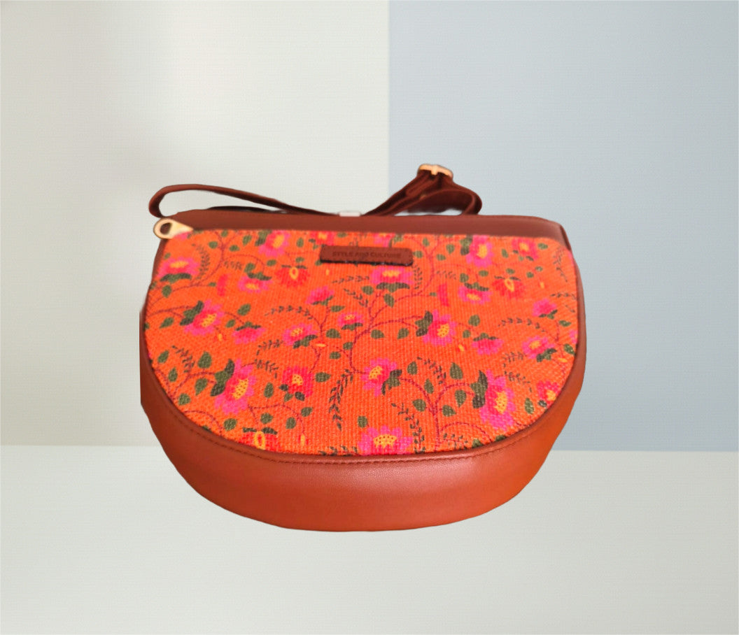 Style and Culture Handcrafted Orange Floral Crescent Sling Bag