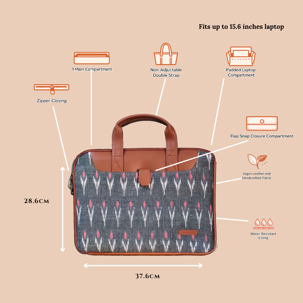 Handcrafted Ikkat Laptop Sleeve with Vegan Leather Handle L Zipper Laptop Sleeve 15.6 inch