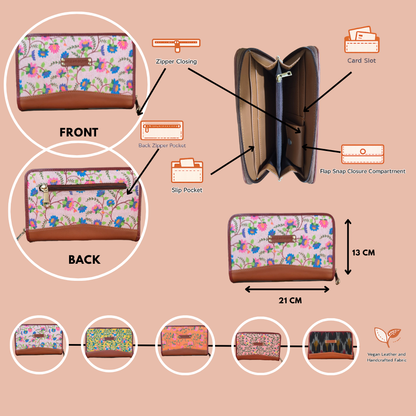 Handcrafted Heritage Print Zip Wallet with Vegan Leather Trim