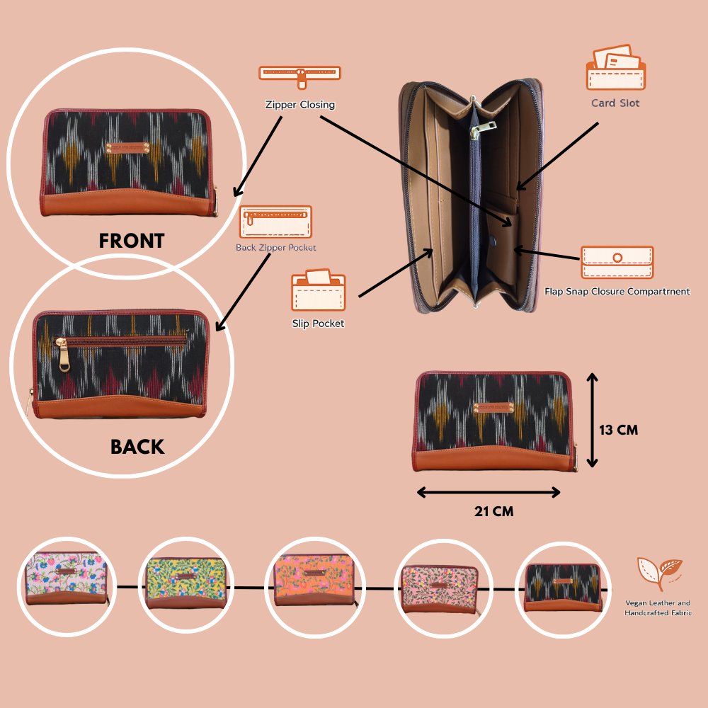 Handcrafted Heritage Ikkat Zip Wallet with Vegan Leather Trim