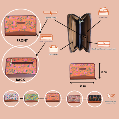 Handcrafted Heritage Print Zip Wallet with Vegan Leather Trim