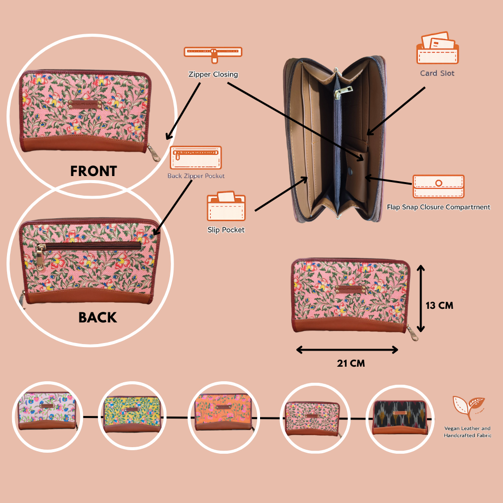 Handcrafted Heritage Print Zip Wallet with Vegan Leather Trim