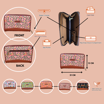 Handcrafted Heritage Print Zip Wallet with Vegan Leather Trim