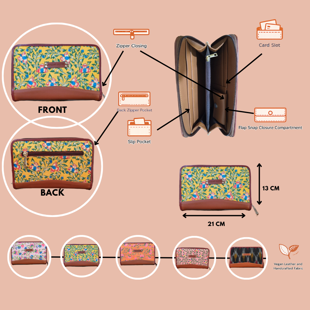 Handcrafted Heritage Print Zip Wallet with Vegan Leather Trim