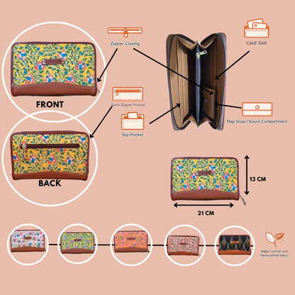 Handcrafted Heritage Print Zip Wallet with Vegan Leather Trim