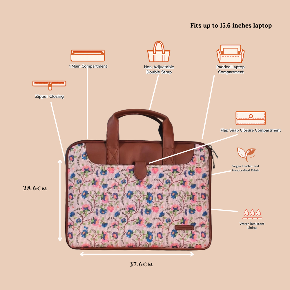 Handcrafted Floral Paithani inspired print Vegan Leather L Zipper Laptop Sleeve 15.6 inch