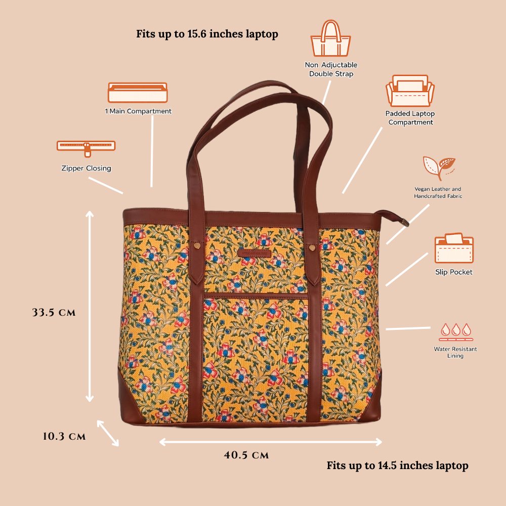Handcrafted Floral Laptop Tote with Vegan Leather Handles fits upto 14.5 size laptop