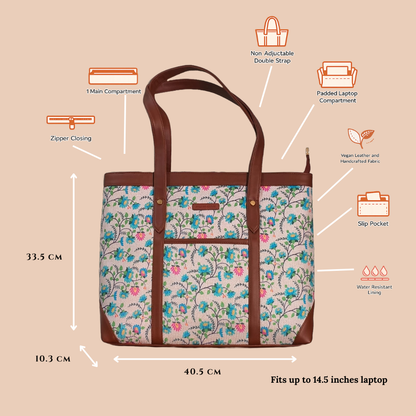 Handcrafted Floral Laptop Tote with Vegan Leather Handles fits upto 14.5 size laptop