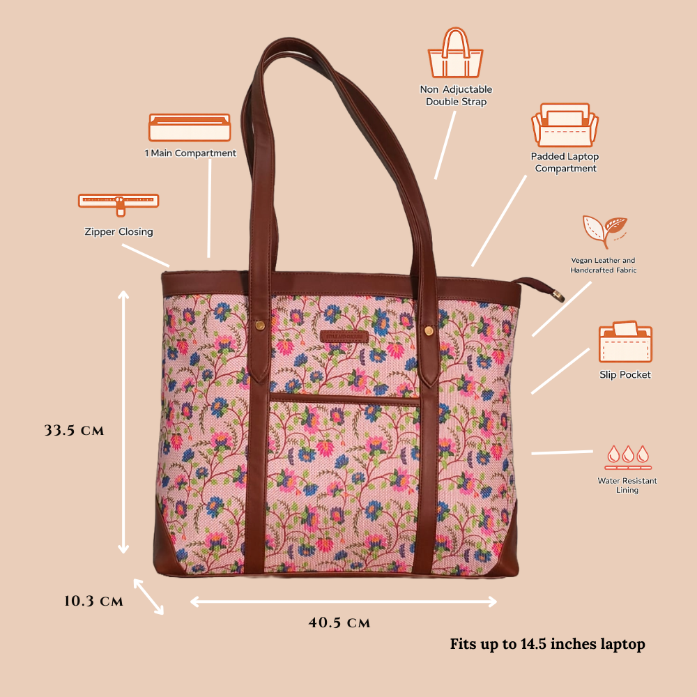 Handcrafted Floral Laptop Tote with Vegan Leather Handles fits upto 14.5 size laptop