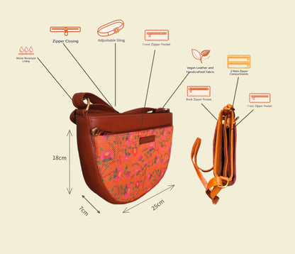 Style and Culture Handcrafted Orange Floral Crescent Sling Bag