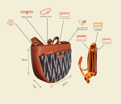 Style and Culture Handcrafted Black Ikat Crescent Sling Bag Inspired By Indian Textiles