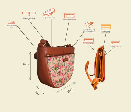 Style and Culture Handcrafted Pink Floral Crescent Sling Bag