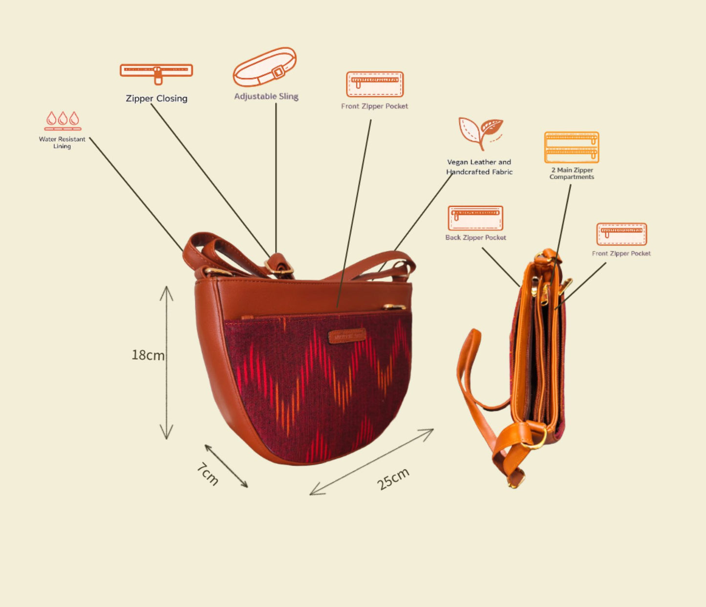 Style and Culture Handcrafted Red Ikat Crescent Vegan Sling Bag Inspired By Indian Textiles