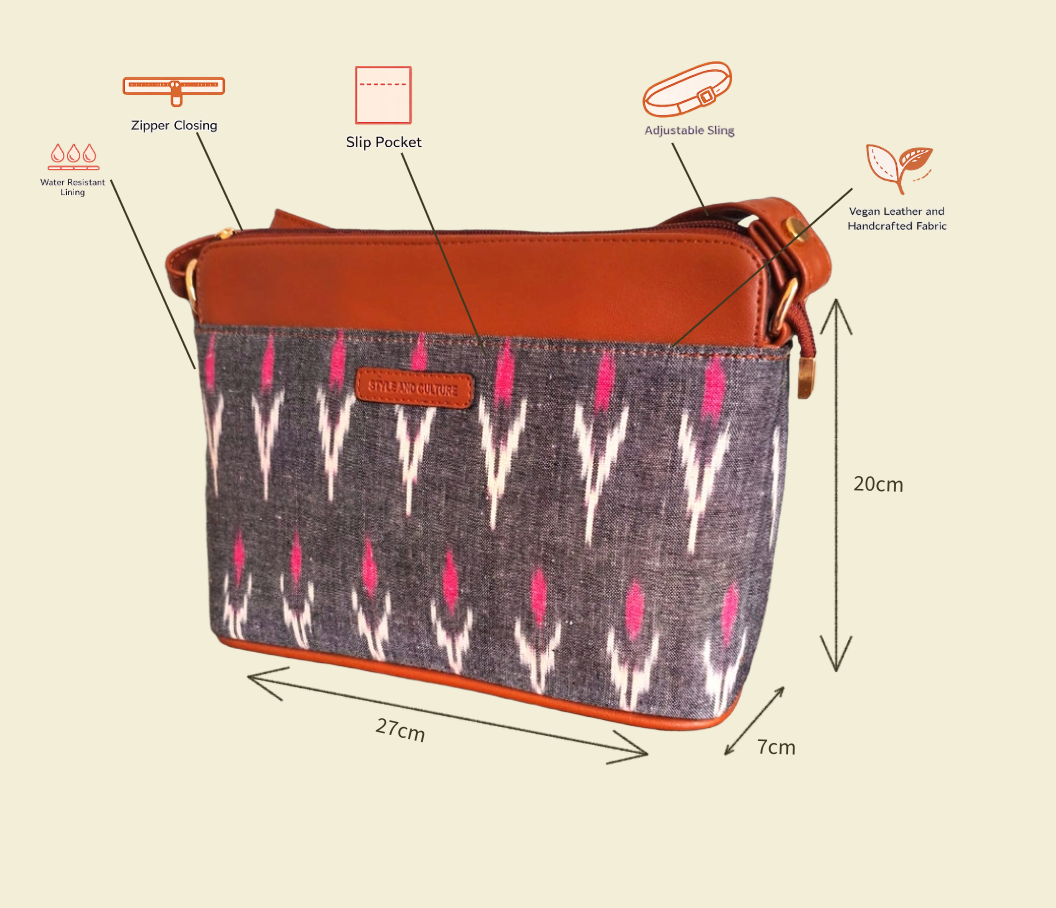 Style and Culture Handcrafted Grey Ikat Heritage Vegan Sling Bag