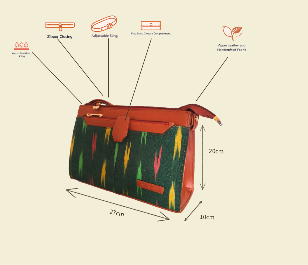 Style and Culture Handcrafted Emerald Ikat & Tan Vegan Leather Crossbody Sling Bag