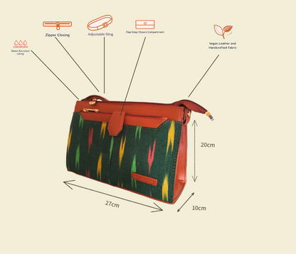 Style and Culture Handcrafted Emerald Ikat & Tan Vegan Leather Crossbody Sling Bag
