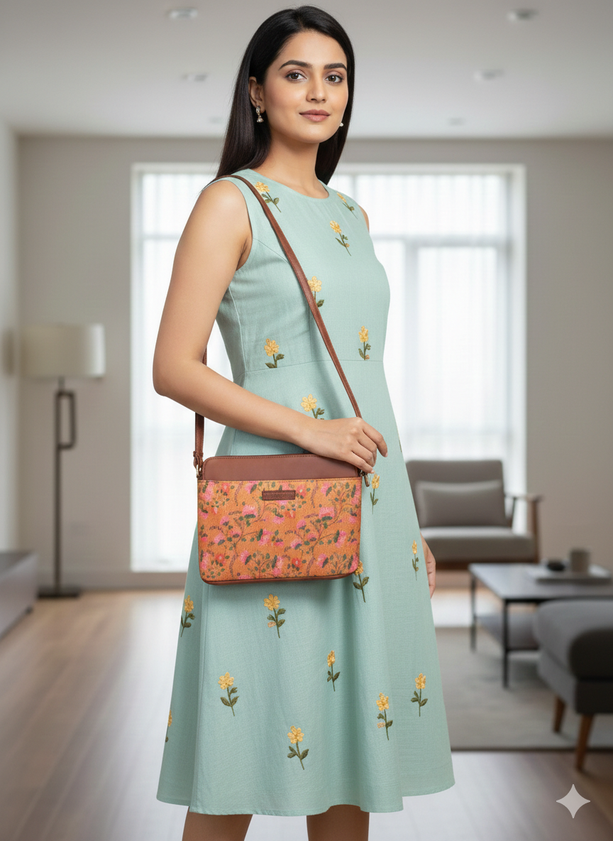 Style and Culture Handcrafted Orange Blossom Heritage Vegan Sling Bag