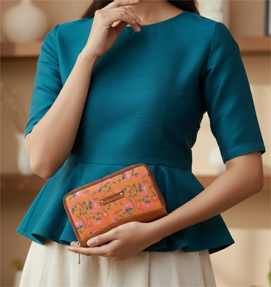 Handcrafted Heritage Print Zip Wallet with Vegan Leather Trim