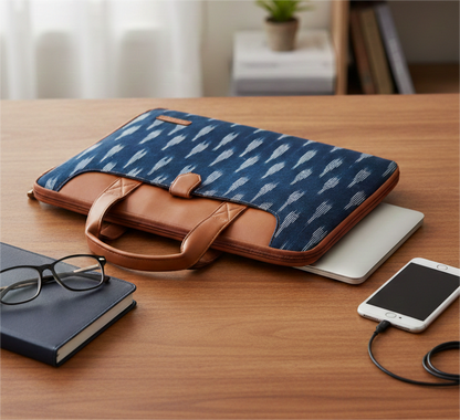 Handcrafted Ikkat Laptop Sleeve with Vegan Leather Handle L Zipper Laptop Sleeve 15.6 inch