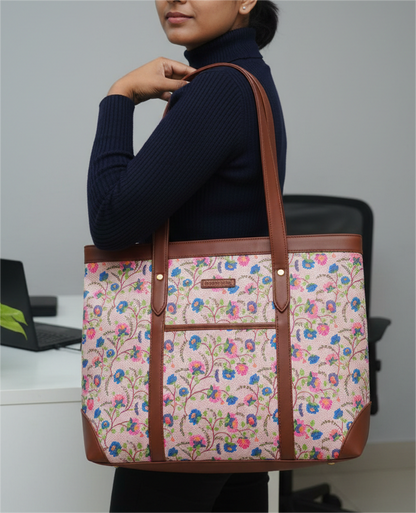 Handcrafted Floral Laptop Tote with Vegan Leather Handles fits upto 14.5 size laptop