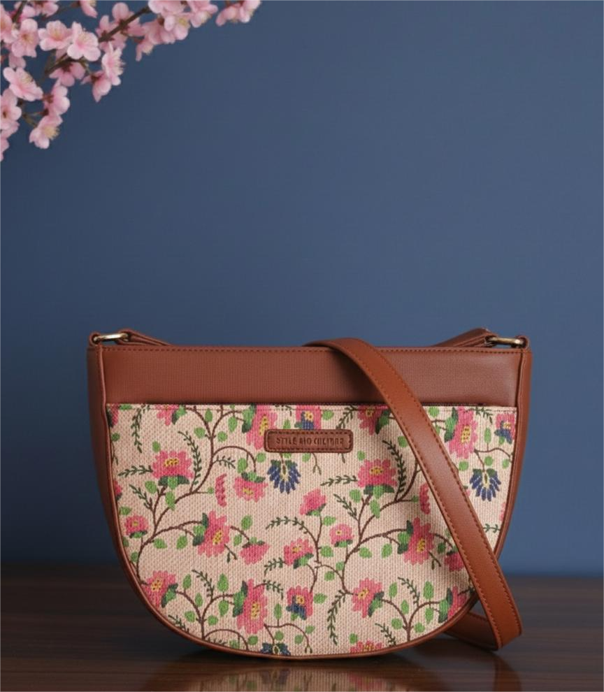 Style and Culture Handcrafted Pink Floral Crescent Sling Bag